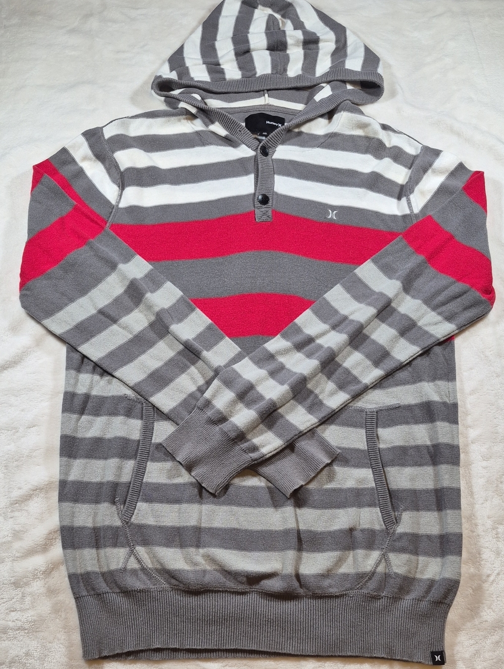 Hurley Men's Hooded Striped Pullover in Gray, White & Red